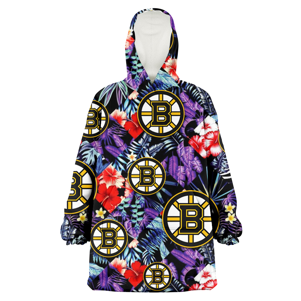 Boston Bruins Red Hibiscus Caro Black Background 3D Printed Hoodie Blanket Snug Hoodie