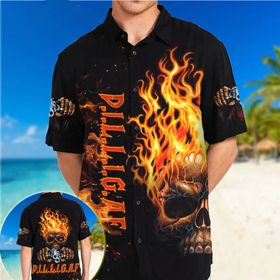 Dilligaf Flame Skull With G Hawaiian Shirt, Perfect Skull Clothing, Skull Hawaii Shirt Men