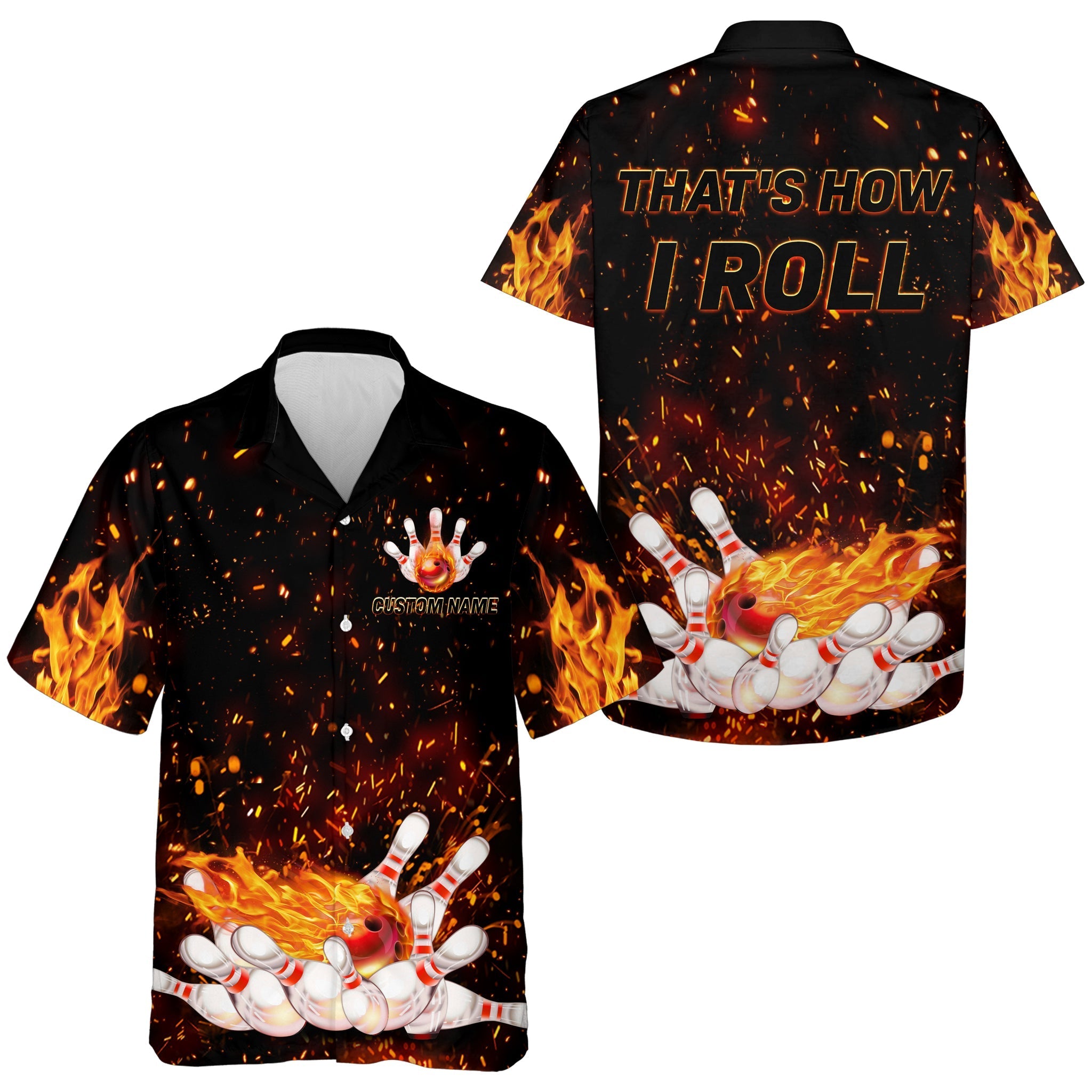 Flames Hawaiian Bowling Shirt For Men Women, That’S How I Roll, Custom Name Fire Bowlers Jersey