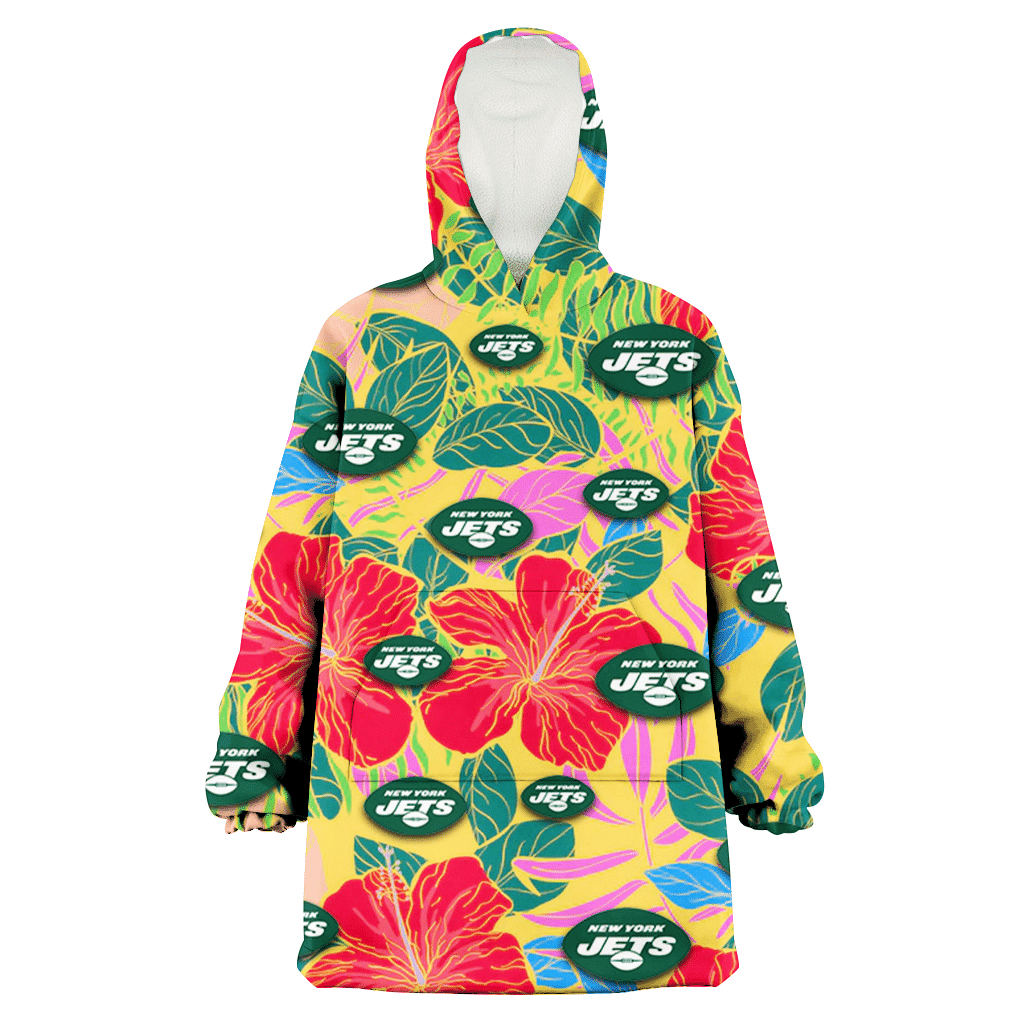 New York Jets Red Hibiscus Green Blue Leaf Yellow Background 3D Printed Hoodie Blanket Snug Hoodie