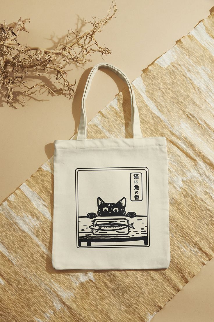 Japanese design Tote bag, cat and fish design, eco friendly bag, Best Tote Bags Ideas, Cute Tote Bags Ideas, Tote Bag Design Ideas, Girls Tote Bag, Best Canvas Tote Bags Ideas