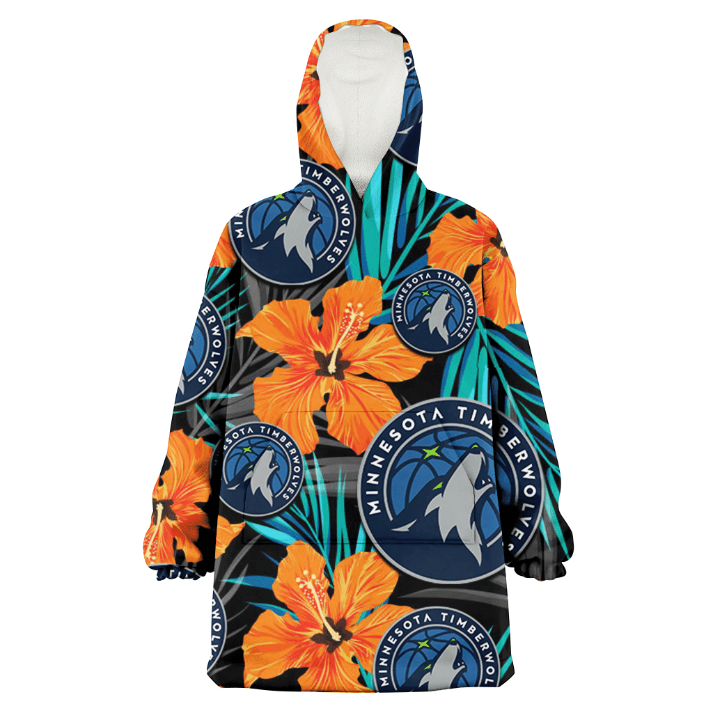 Minnesota Timberwolves Orange Hibiscus Blue Gray Leaf Black Background 3D Printed Hoodie Blanket Snug Hoodie