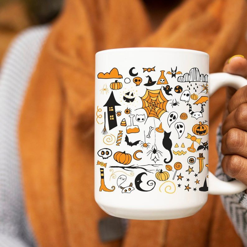 It'S The Little Things, Halloween Doodles Mug, Fall Mugs, Halloween Coffee Mug, Halloween Doodles X Halloween Collection 2024 Moderndaydecors Fashion