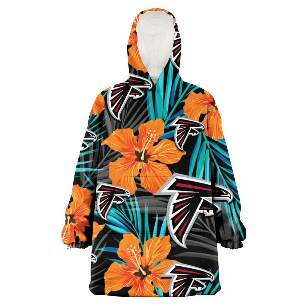 Atlanta Falcons Orange Hibiscus Blue Gray Leaf Black Background 3D Printed Hoodie Blanket Snug Hoodie