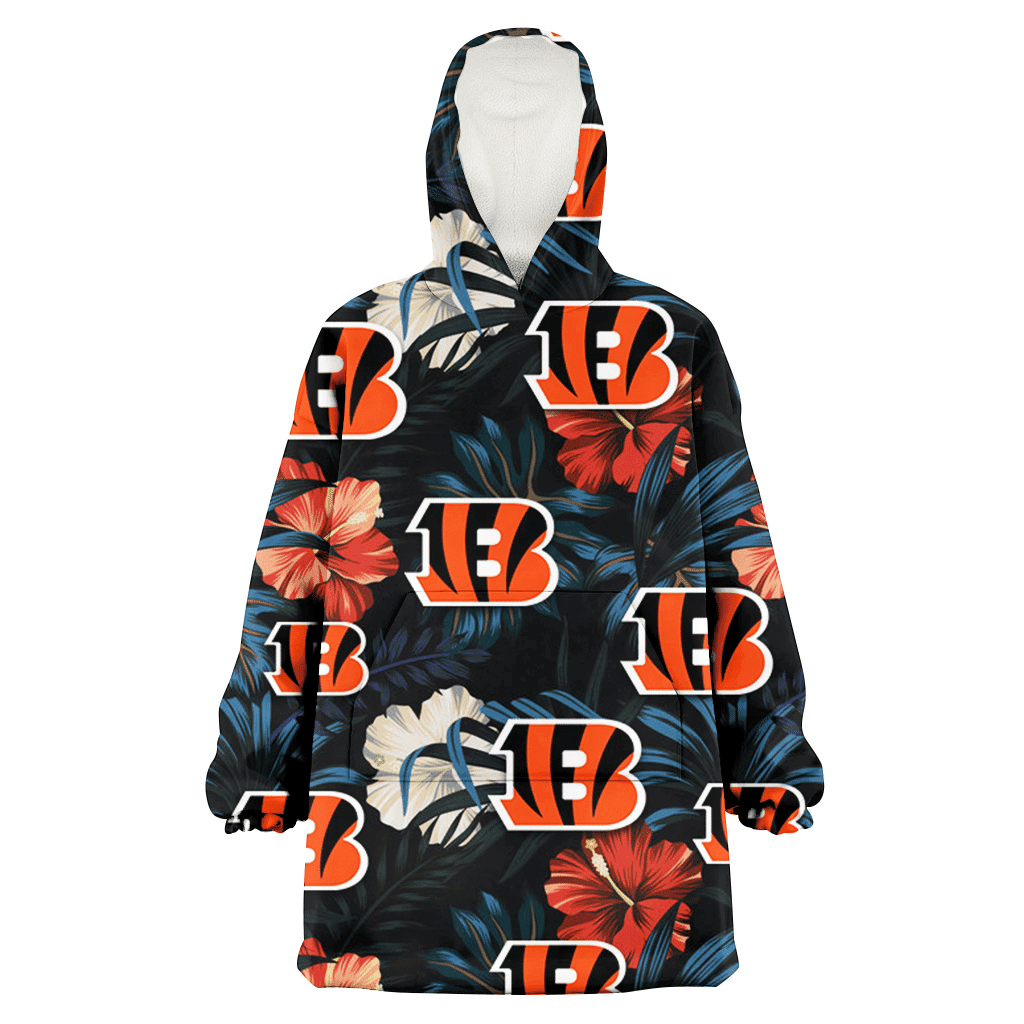 Cincinnati Bengals Red And White Hibiscus Dark Leaf Black Background 3D Printed Hoodie Blanket Snug Hoodie