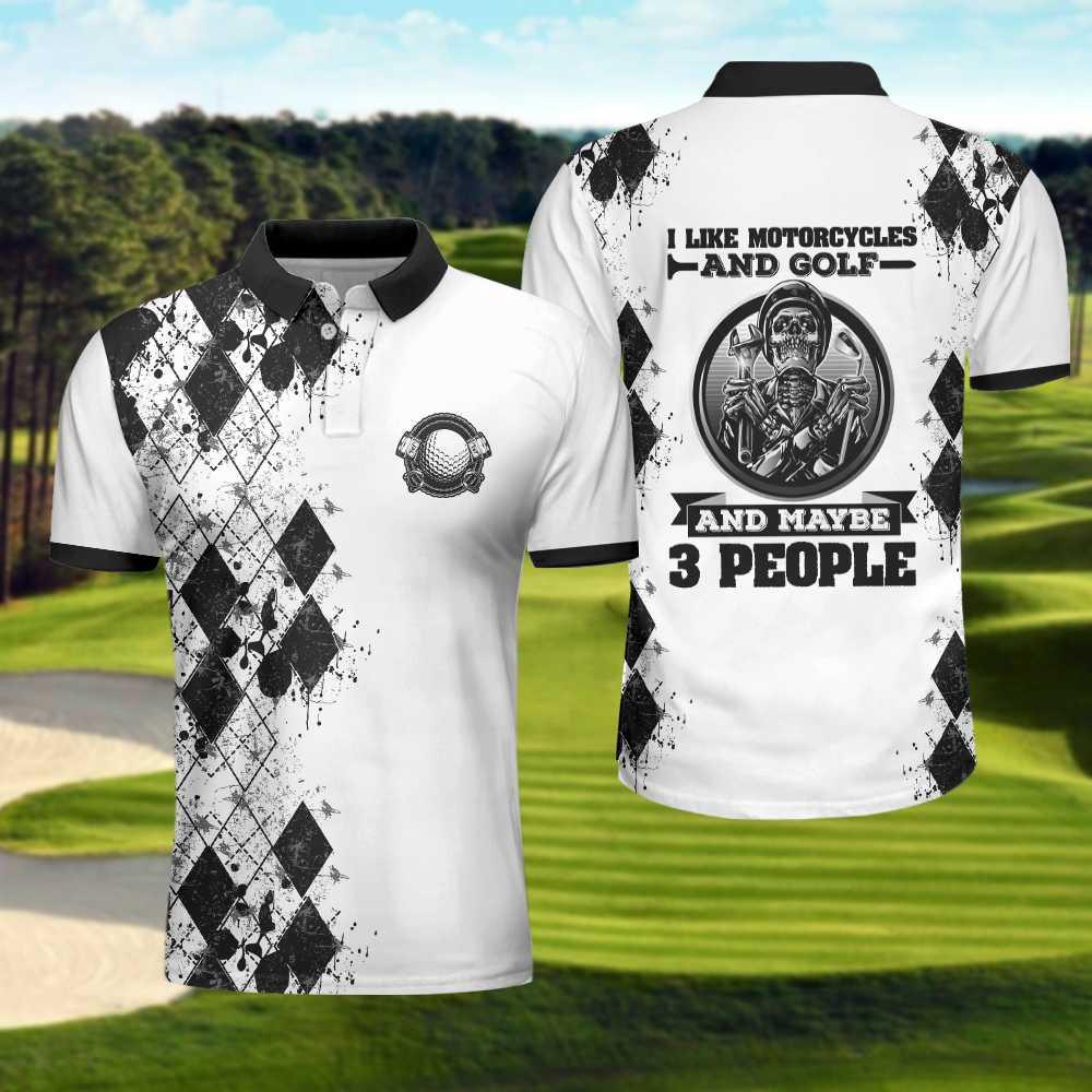 Men Golf Polo Shirt - Golf I Like Motorcycles Polo Shirt, Black And White Argyle Pattern Polo Shirt, Best Golf Shirt For Golfers