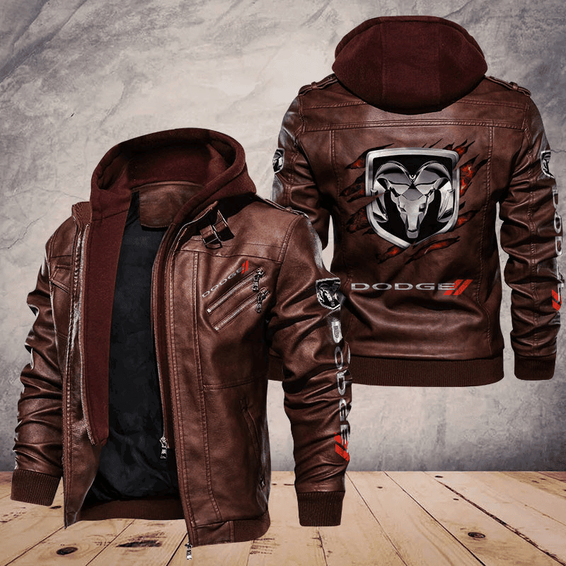 Dodge Zip Leather Jacket With Hood