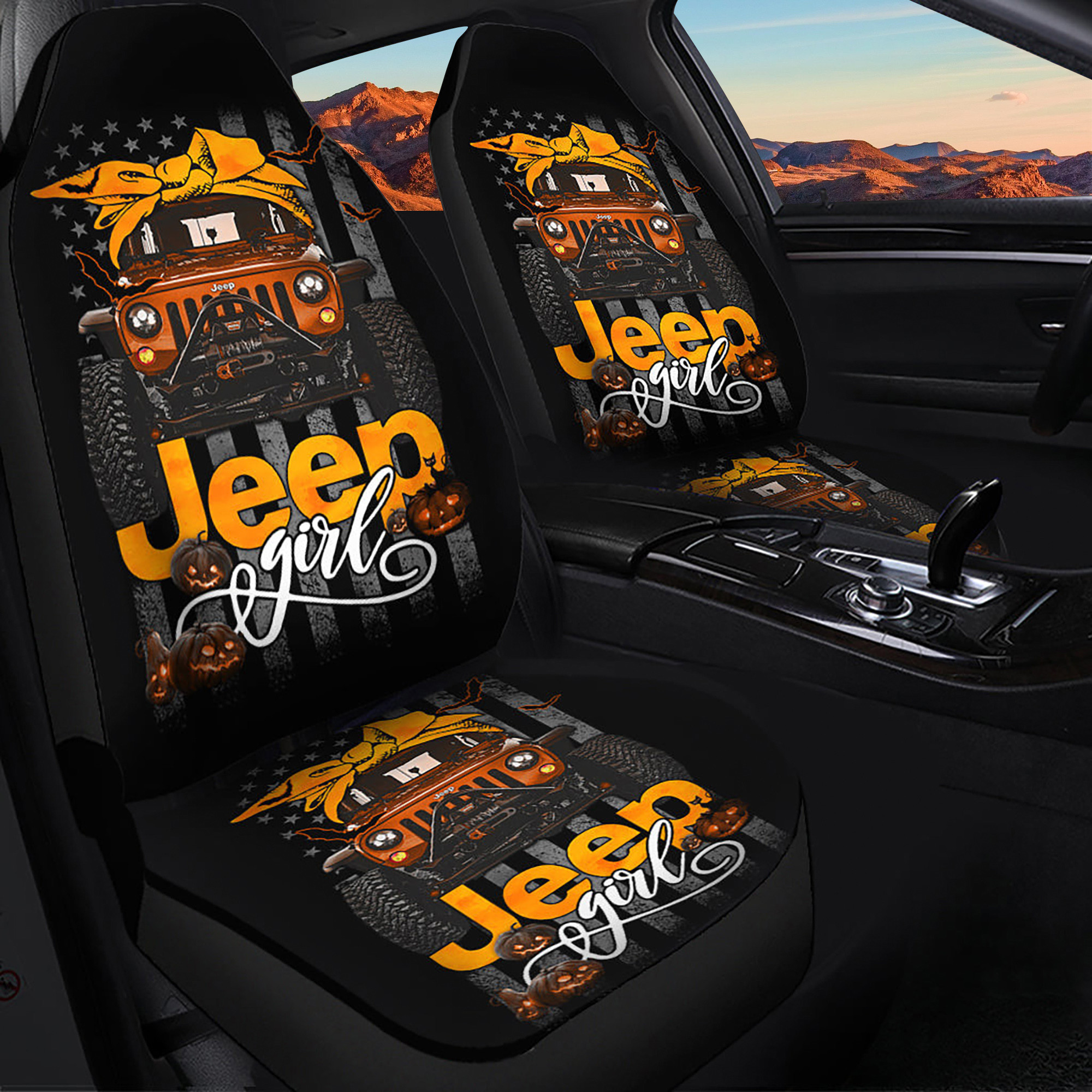 Halloween American Flag Orange Jeep Girl Premium Custom Logo Car Seat Cover Decor Protectors CSC7894