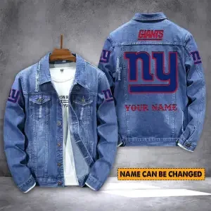 New York Giants NFL Team Name Personalized Back Sleeve Logo Blue Huge Pattern Denim Jacket