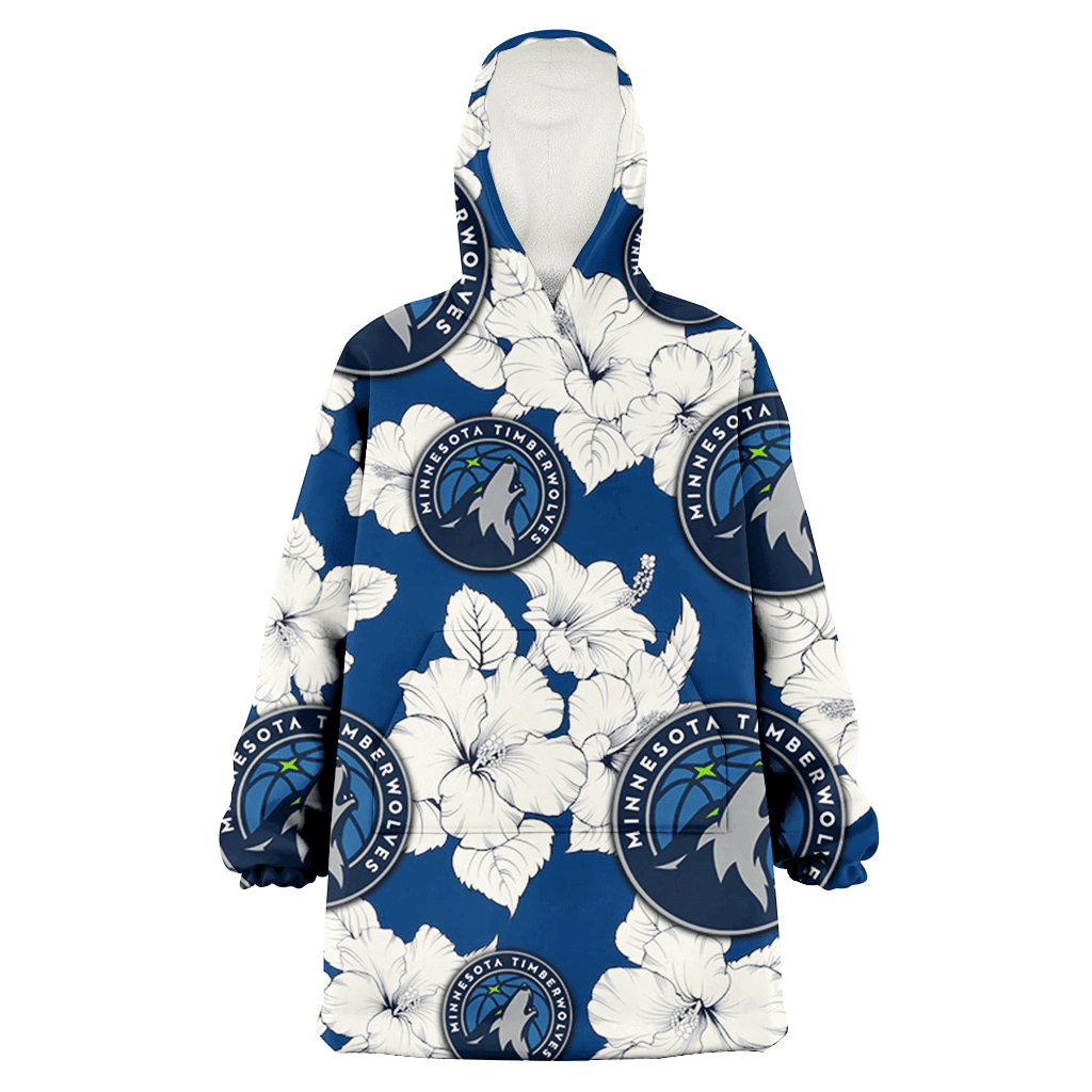 Minnesota Timberwolves White Big Hibiscus Blue Background 3D Printed Hoodie Blanket Snug Hoodie