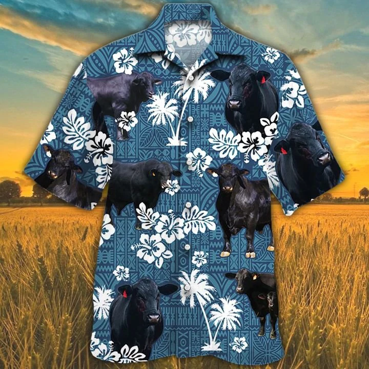 Brangus Cattle Lovers Blue Tribal Pattern Hawaiian Shirt, Hawaiian Shirts For Men, Women