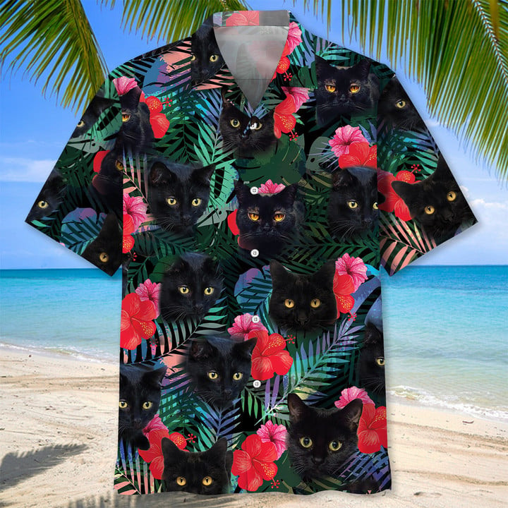 Black Cat Tropical Hawaiian Shirt, Unisex Summer Beach Casual Short Sleeve Summer Vacation Beach Shirts