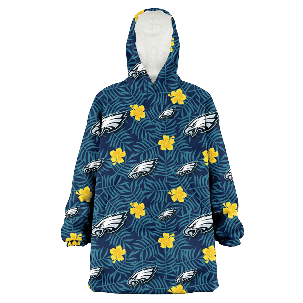 Philadelphia Eagles Yellow Hibiscus Cadet Blue Leaf Navy Background 3D Printed Hoodie Blanket Snug Hoodie