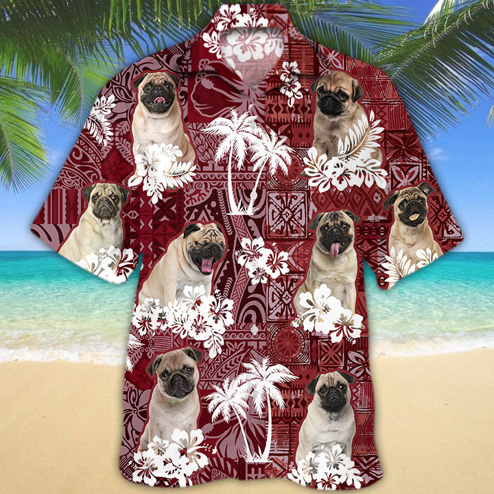 Pug Hawaiian Shirt, Dog Hawaii Shirt Red Tribal Pattern