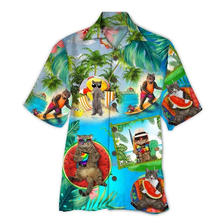 Cute Cats Wear Black Glasses On Beach Hawaiian Shirt