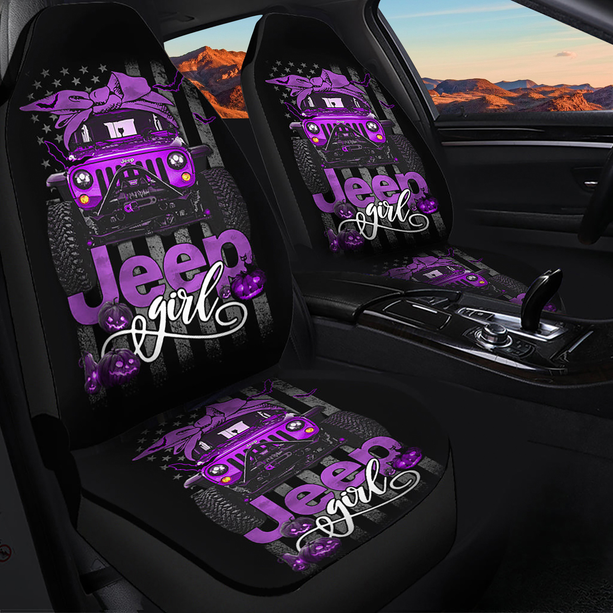 Halloween American Flag Purple Jeep Girl Premium Custom Logo Car Seat Cover Decor Protectors CSC3186