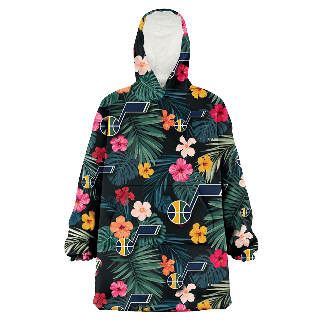 Utah Jazz Pink Yellow Orange Hibiscus Big Tropical Leaf Black Background 3D Printed Hoodie Blanket Snug Hoodie