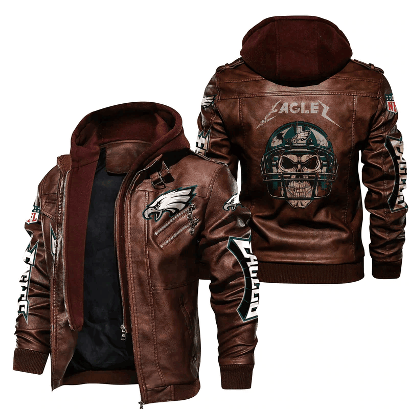 Philadelphia Eagles Zip Leather Jacket With Hood Skull Wearning Helmets