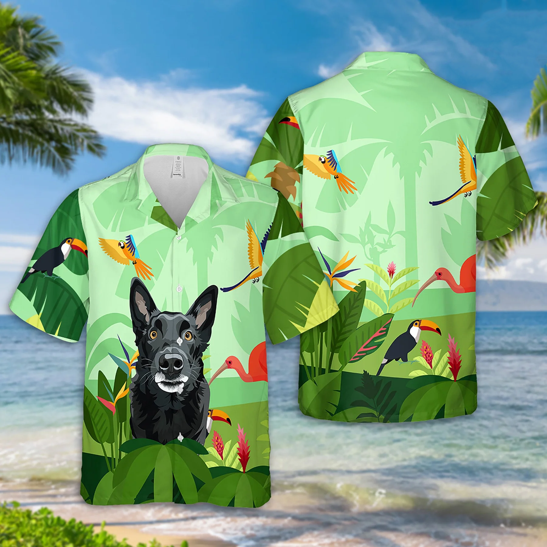 Custom Green Hawaiian Shirts With Dog Face Hand-Painted, Hawaiian Outfit For Couples, Personalized Gift For Pet Lover