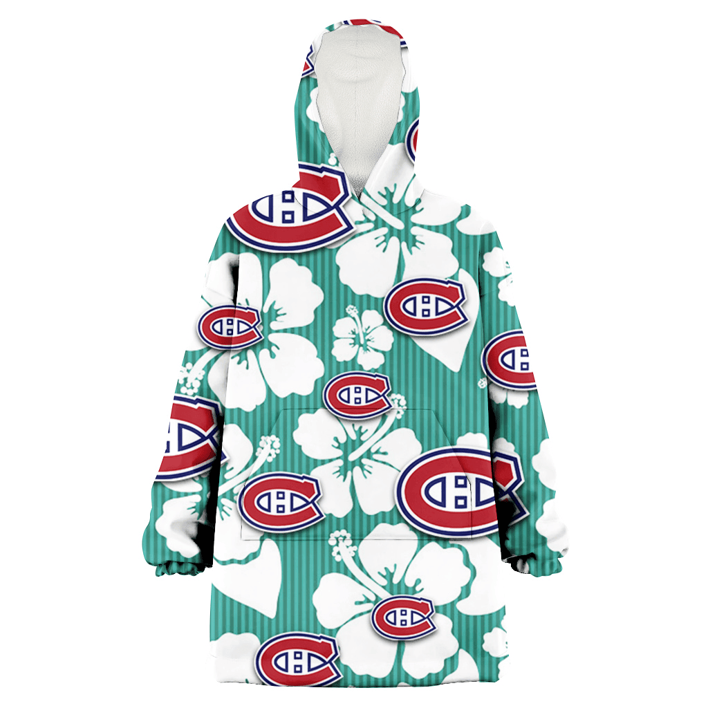 Montreal Canadiens White Hibiscus Turquoise Stripe Background 3D Printed Hoodie Blanket Snug Hoodie