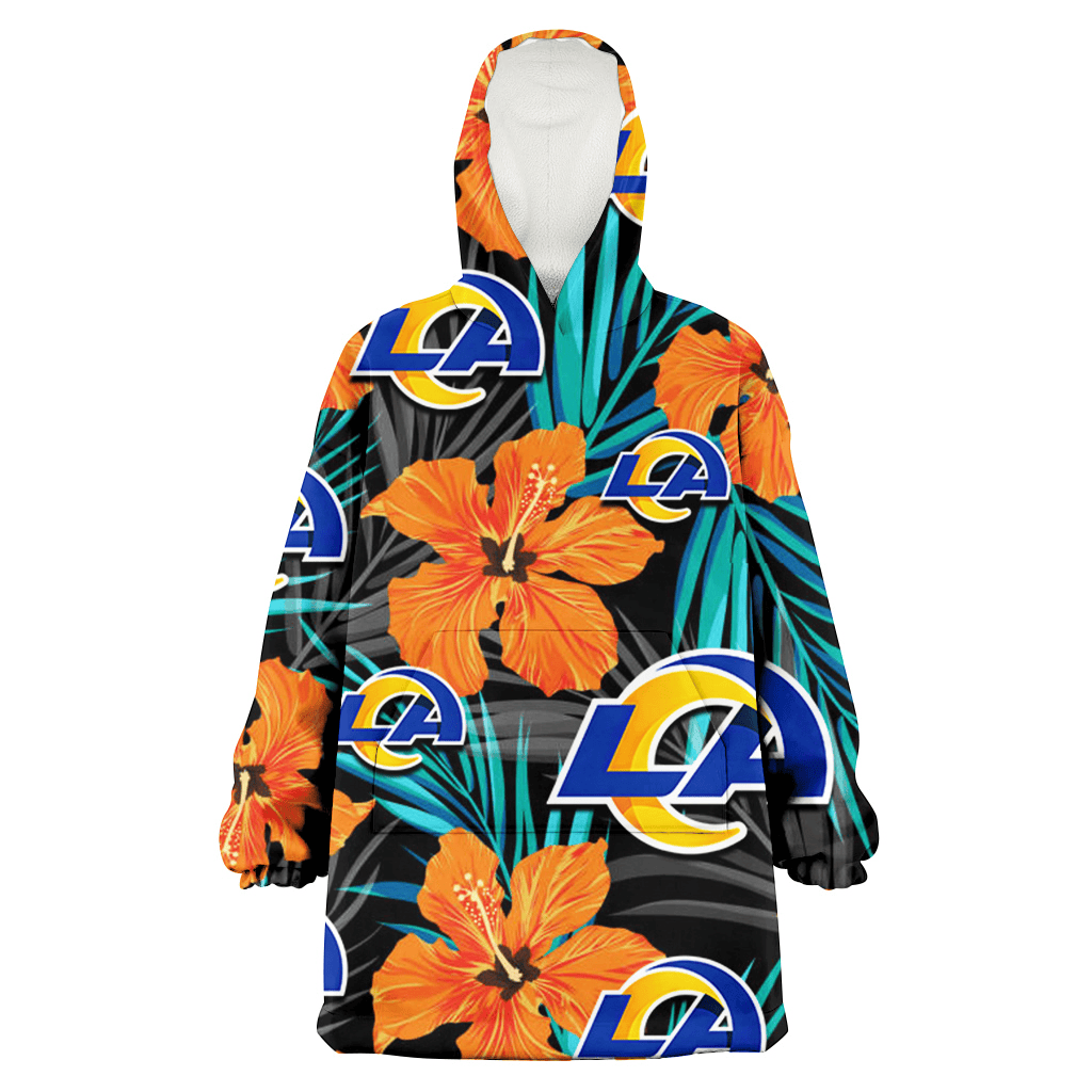 Los Angeles Rams Orange Hibiscus Blue Gray Leaf Black Background 3D Printed Hoodie Blanket Snug Hoodie