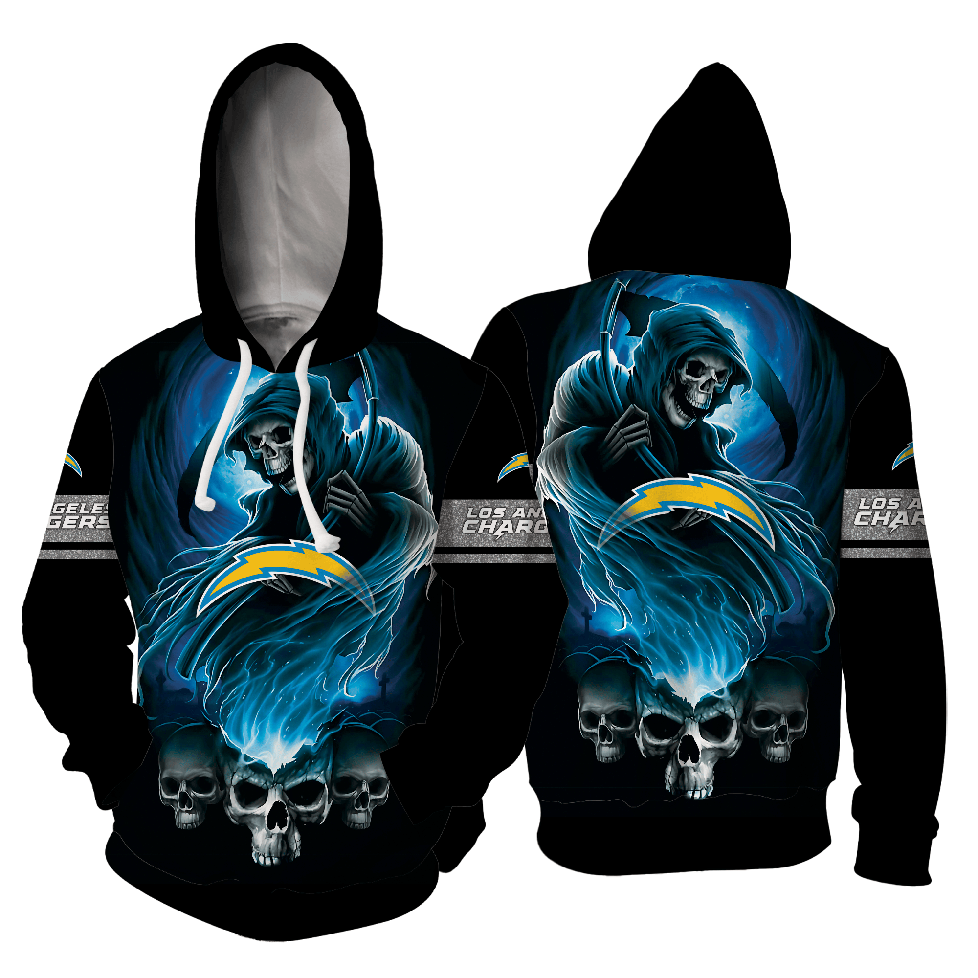 Sport-Team Los Angeles Chargers Black Blue Skull Pullover Hoodie & Zip Up Hoodie V8 Aop Shirt