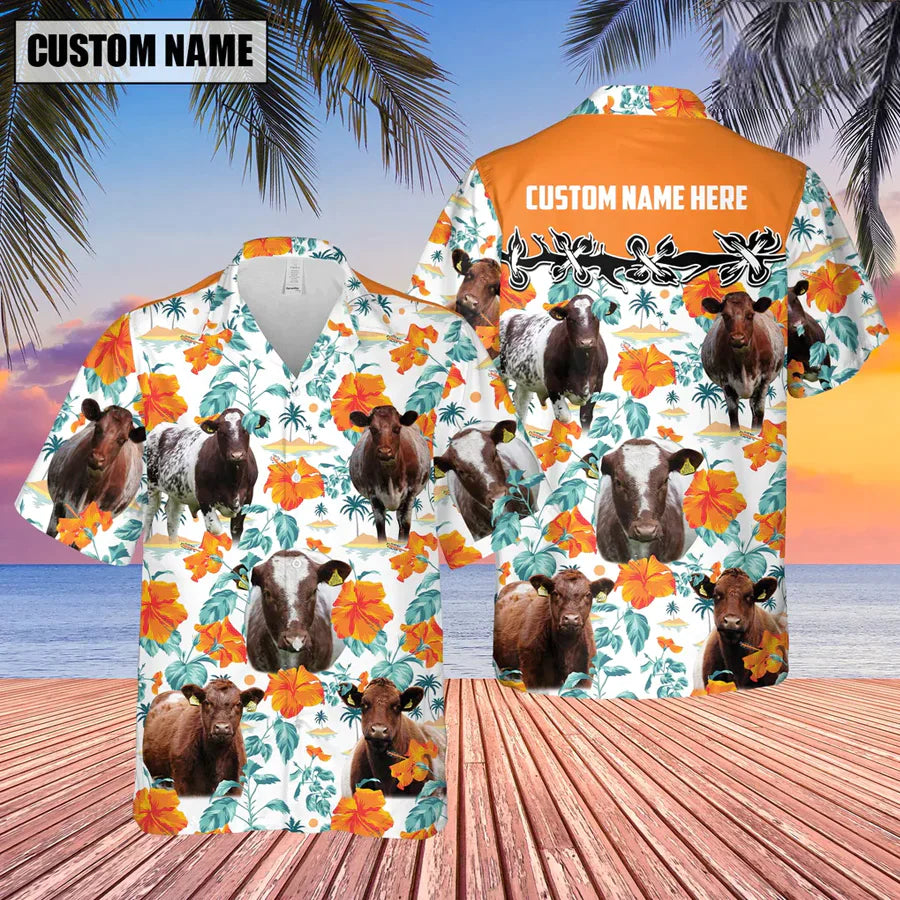 Shorthorn Hibiscus Floral Custom Name 3D Hawaiian Shirt, Summer Gifts For Men And Women