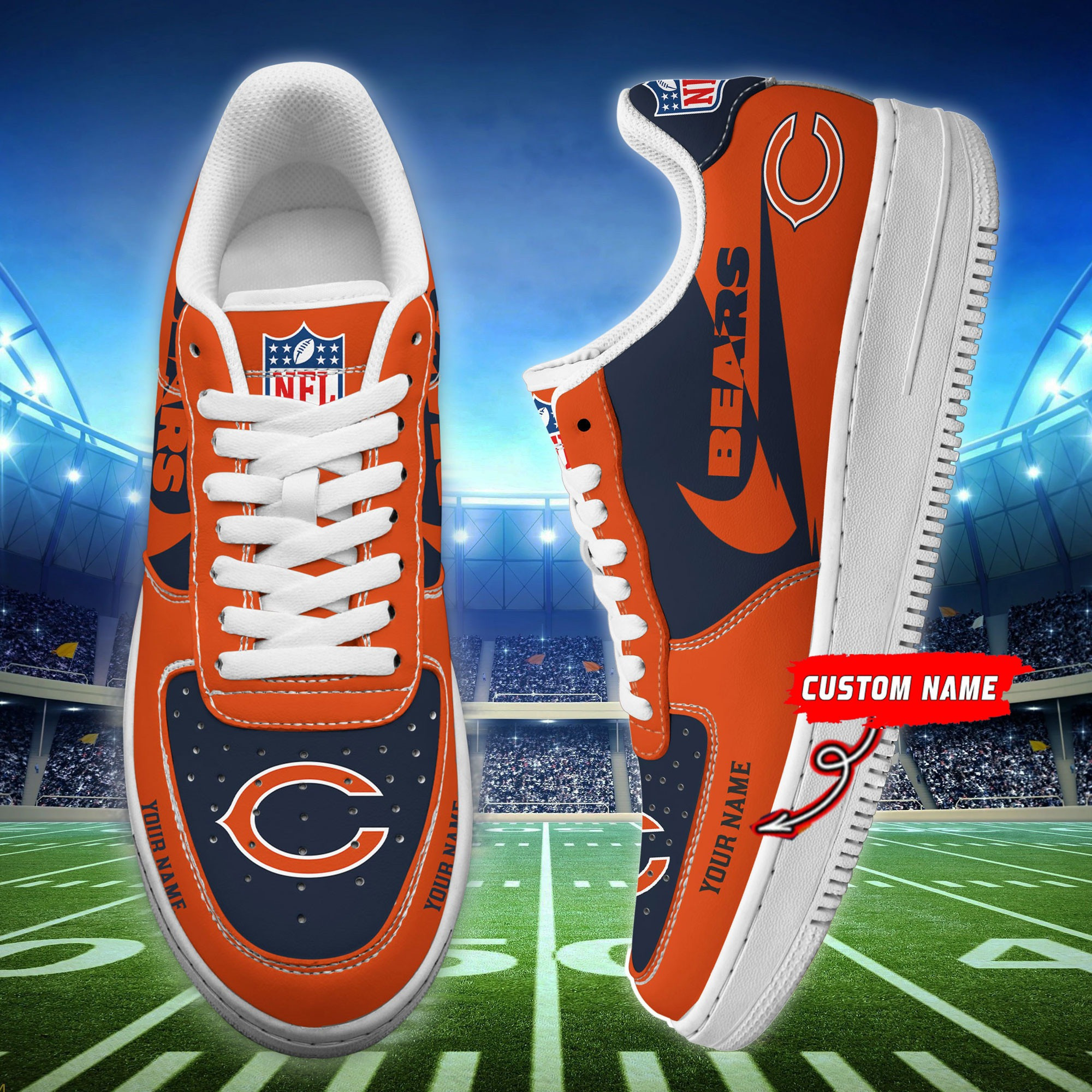 Chicago Bears NFL Logo Orange & Navy Custom Name Air Force 1 Shoes Sneakers