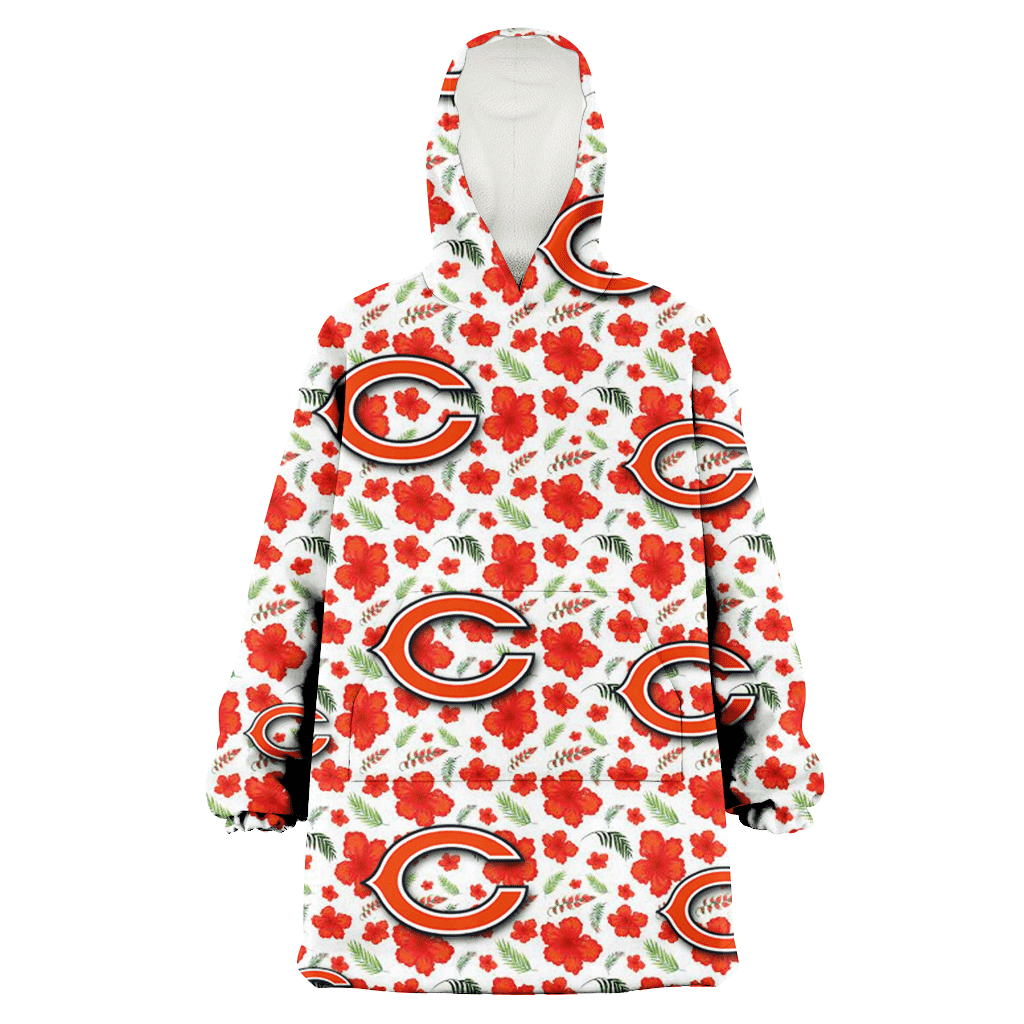 Chicago Bears Tiny Red Hibiscus Green Leaf White Cube Background 3D Printed Hoodie Blanket Snug Hoodie