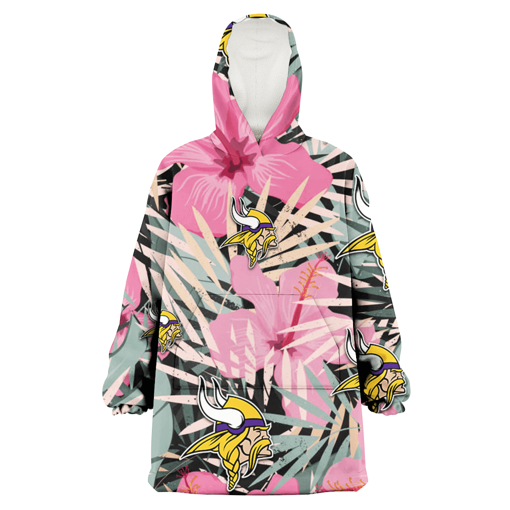 Minnesota Vikings Light Pink Hibiscus Pale Green Leaf Black Background 3D Printed Hoodie Blanket Snug Hoodie