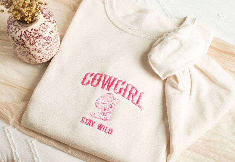 Embroidered Cowgirl Sweatshirt, Embroidered Stay Wild Sweatshirt, Cute Sweatshirts for Women, Trendy Crewneck, Bachelorette Party Gifts