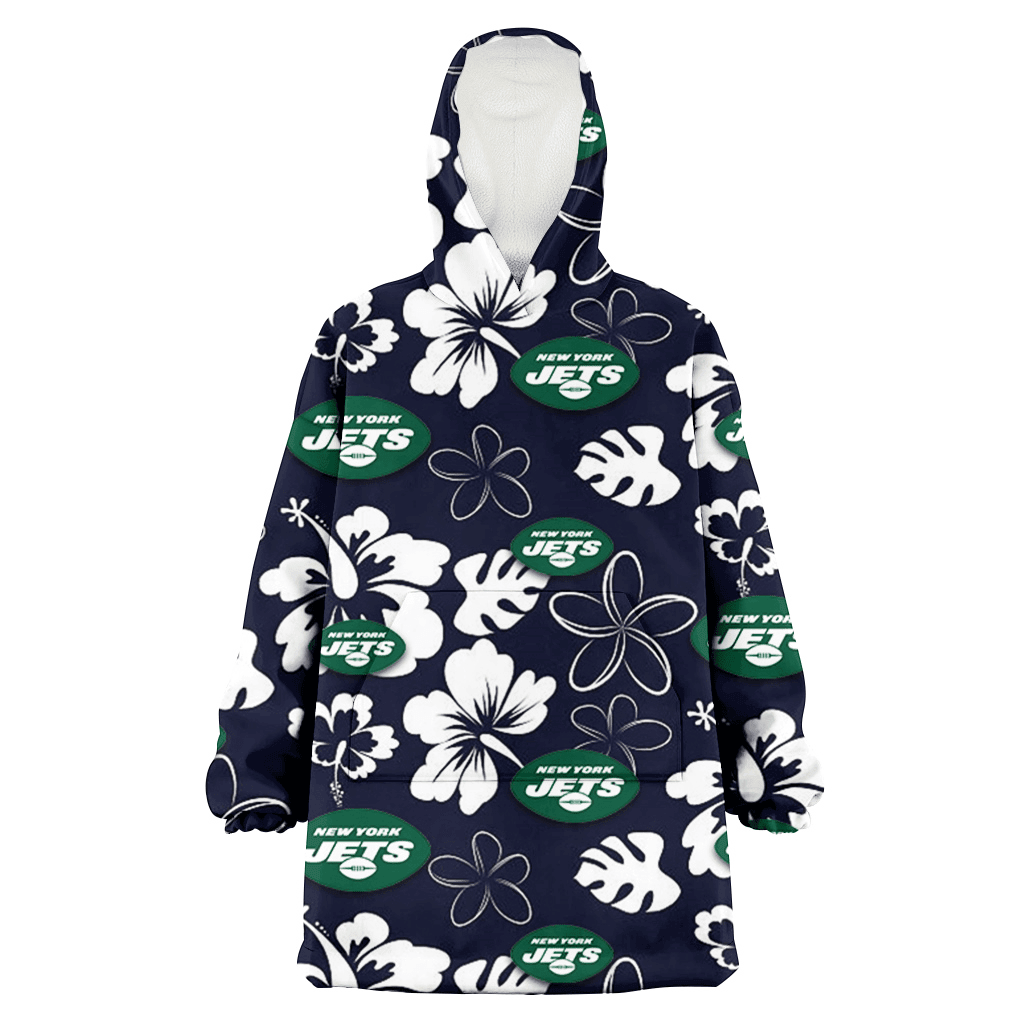 New York Jets White Hibiscus Sketch Porcelain Flower Navy Background 3D Printed Hoodie Blanket Snug Hoodie