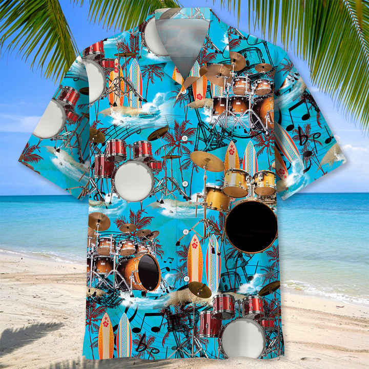 Drum Beach Hawaiian Shirt, Short Sleeve Summer Vacation Beach Shirts For Men