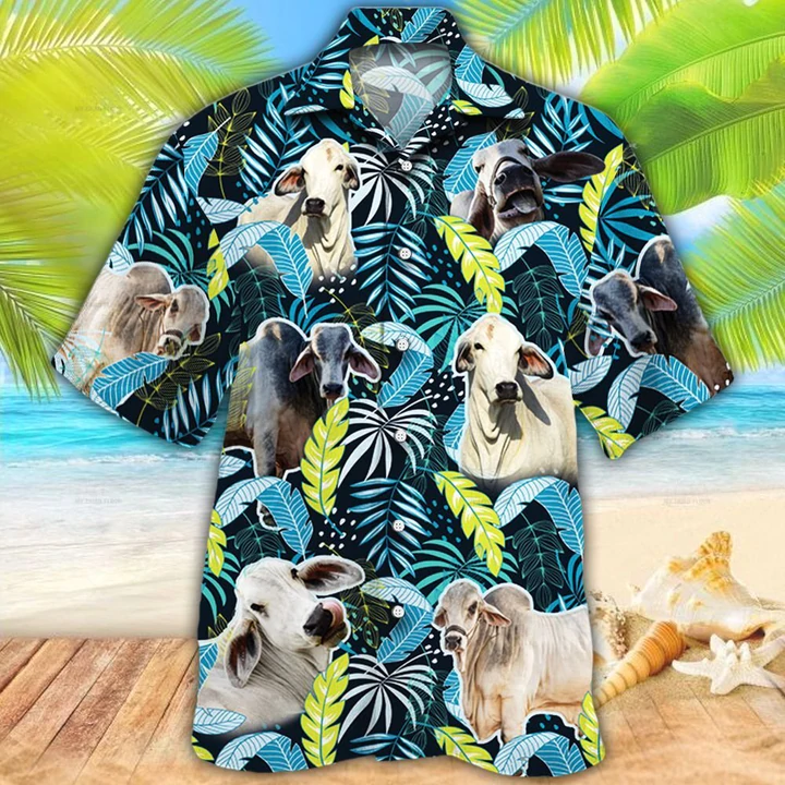 Brahman Cattle Lovers Jungle Leaves Hawaiian Shirt, Hawaiian Shirt Men, Women