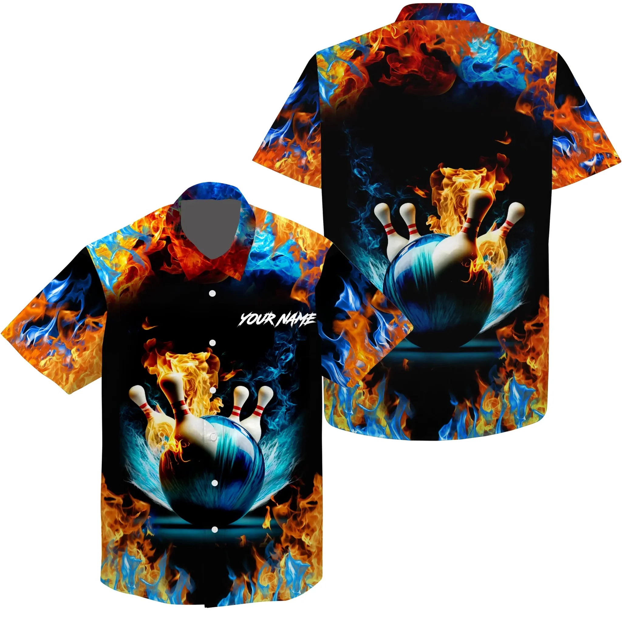 Water Fire Background Custom Name Hawaiian Bowling Shirts For Men, Bowling Team Shirts