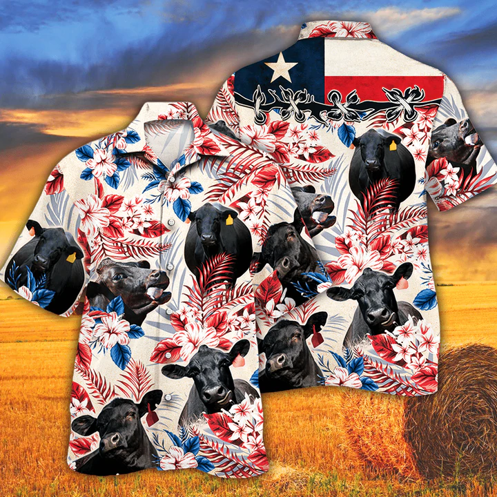 Black Angus Cattle Lovers Texas Flag Hawaiian Shirt, Cow Hawaiian Shirt Vintage Flower, Hawaiian Shirt Men, Hawaiian Shirt Women