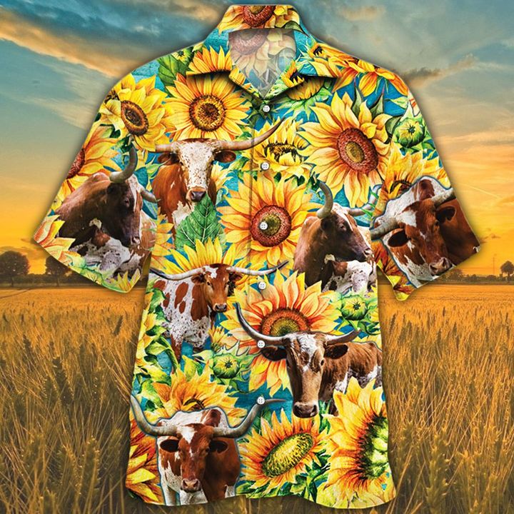 Tx Longhorn Cattle Lovers Sunflower Watercolor Hawaiian Shirt