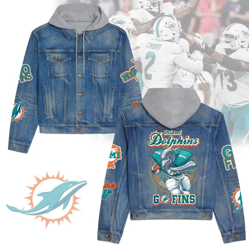 Miami Dolphins NFL Team Logo & Motto 3D Hooded Denim Jacket