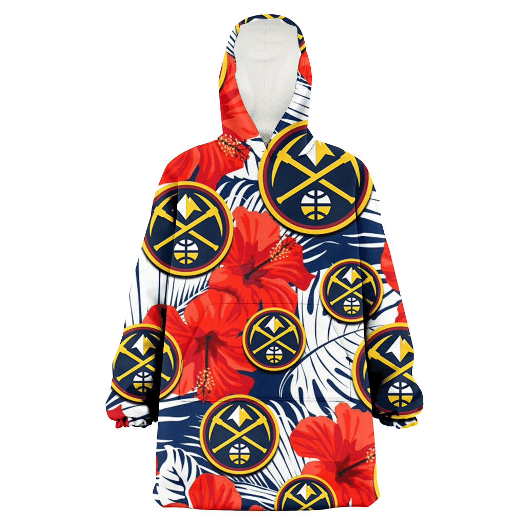 Denver Nuggets White Tropical Leaf Red Hibiscus Navy Background 3D Printed Hoodie Blanket Snug Hoodie