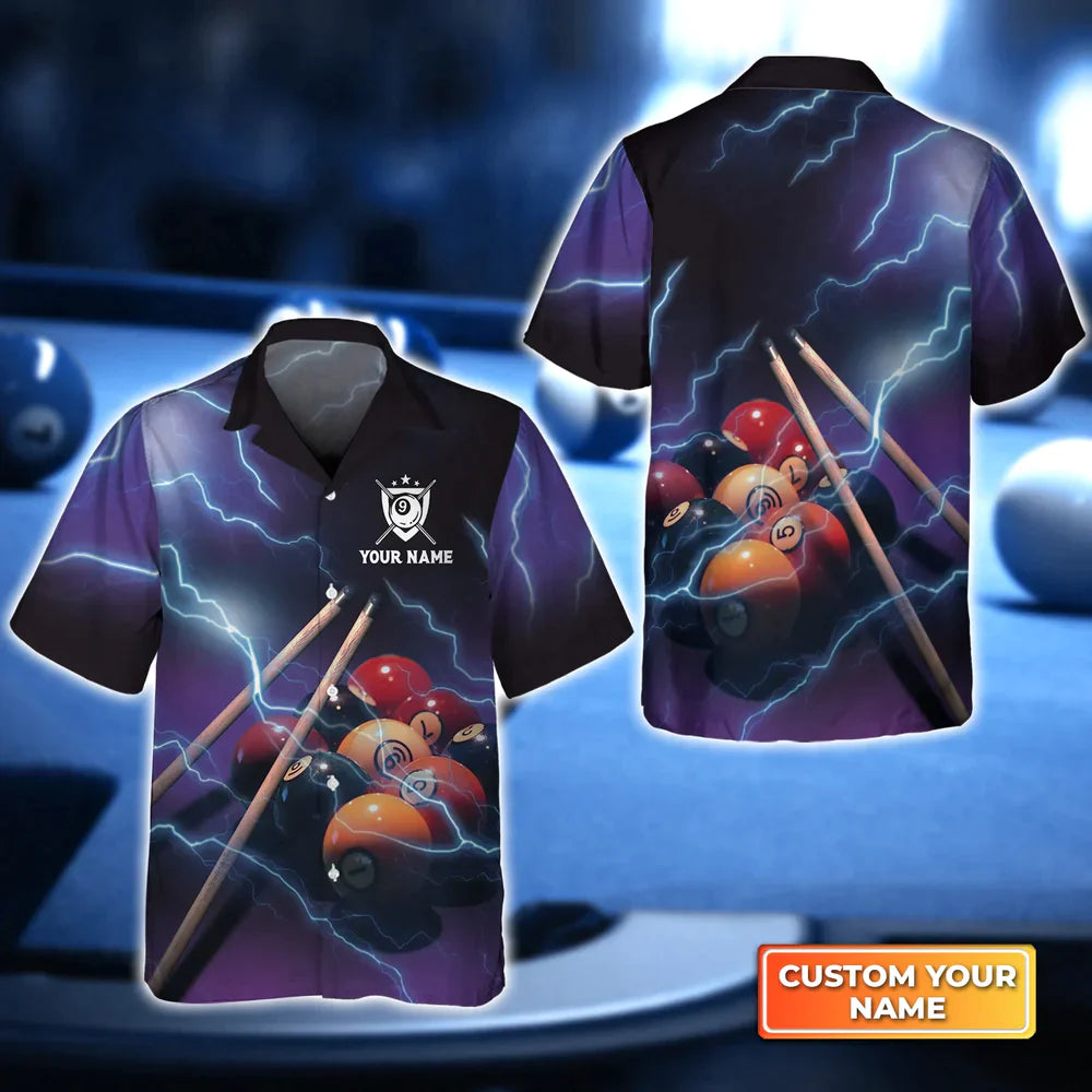 Billiard 9 Ball Thunder Lightning Personalized Name 3D Hawaiian Shirt, Billiard Team Shirt, Summer Shirt Gift For Billiard Lover