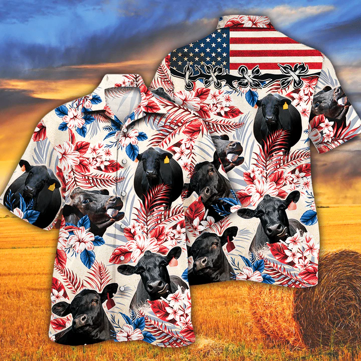 Black Angus Cattle Lovers American Flag Hawaiian Shirt, Cow Hawaiian Shirt Vintage Flower, Hawaiian Shirt Men, Hawaiian Shirt Women