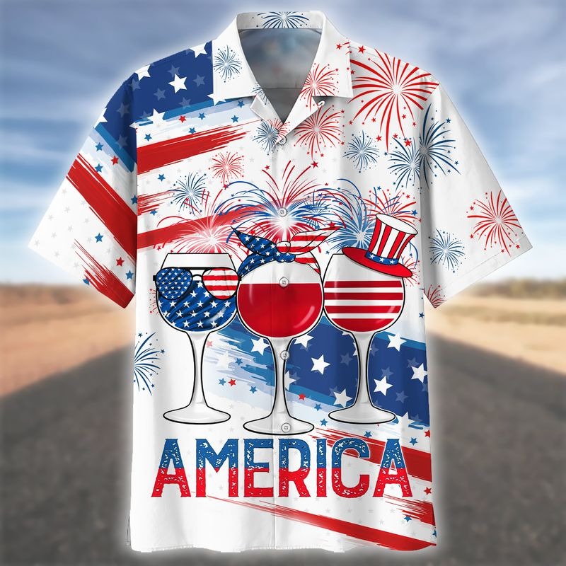 3D All Over Print Usa Hawaiian Shirt Glass Drinking Cheer Up Independence Day, America 4Th Of Jul Hawaiian Shirt