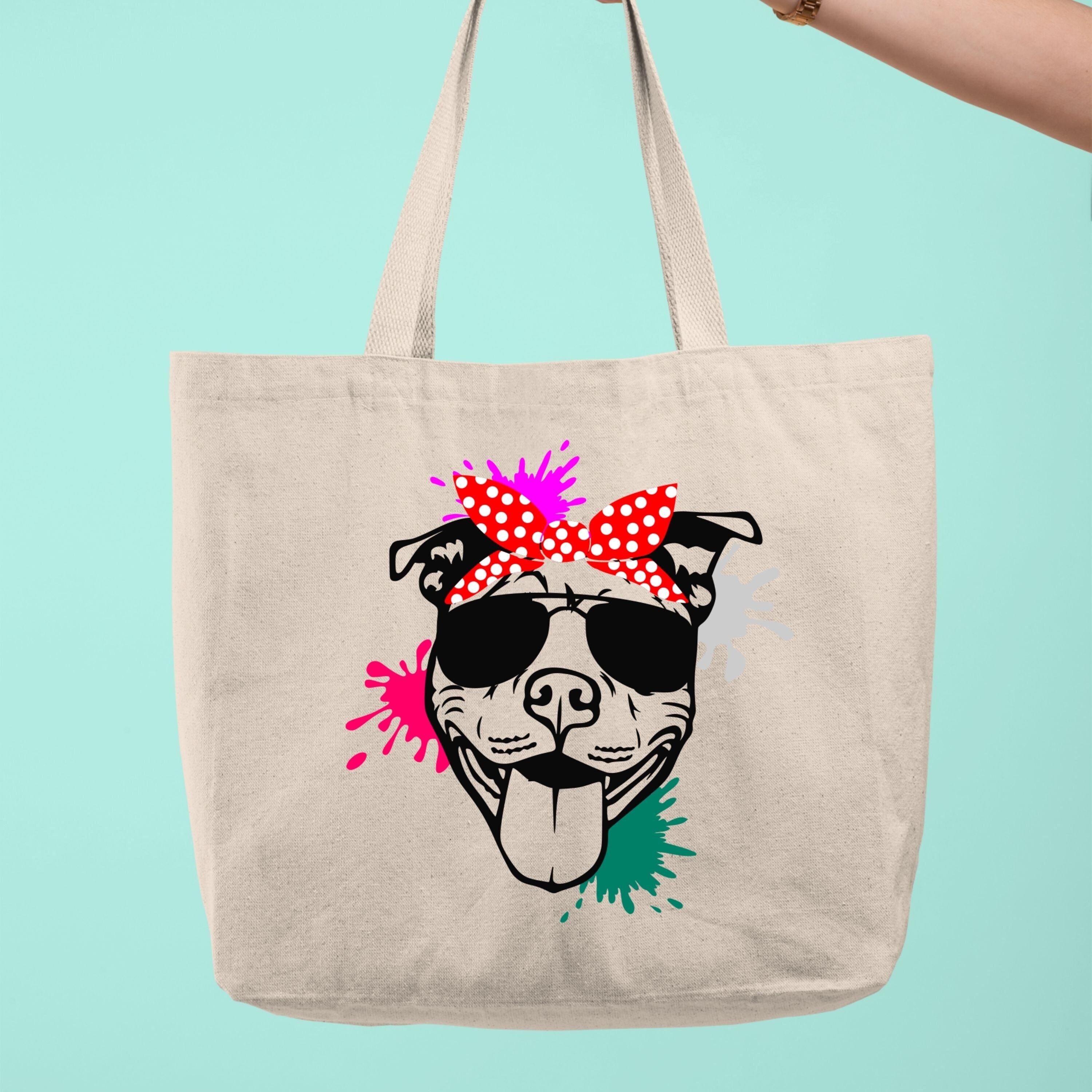 Pitbull Tote Bag,Cute Dog With Sunglases Tote Bag,Animal Lovers Tote Bag,Pet Owner Tote Bag,Unique Holiday Gift,Shoulder Bag,Canvas Tote Bag