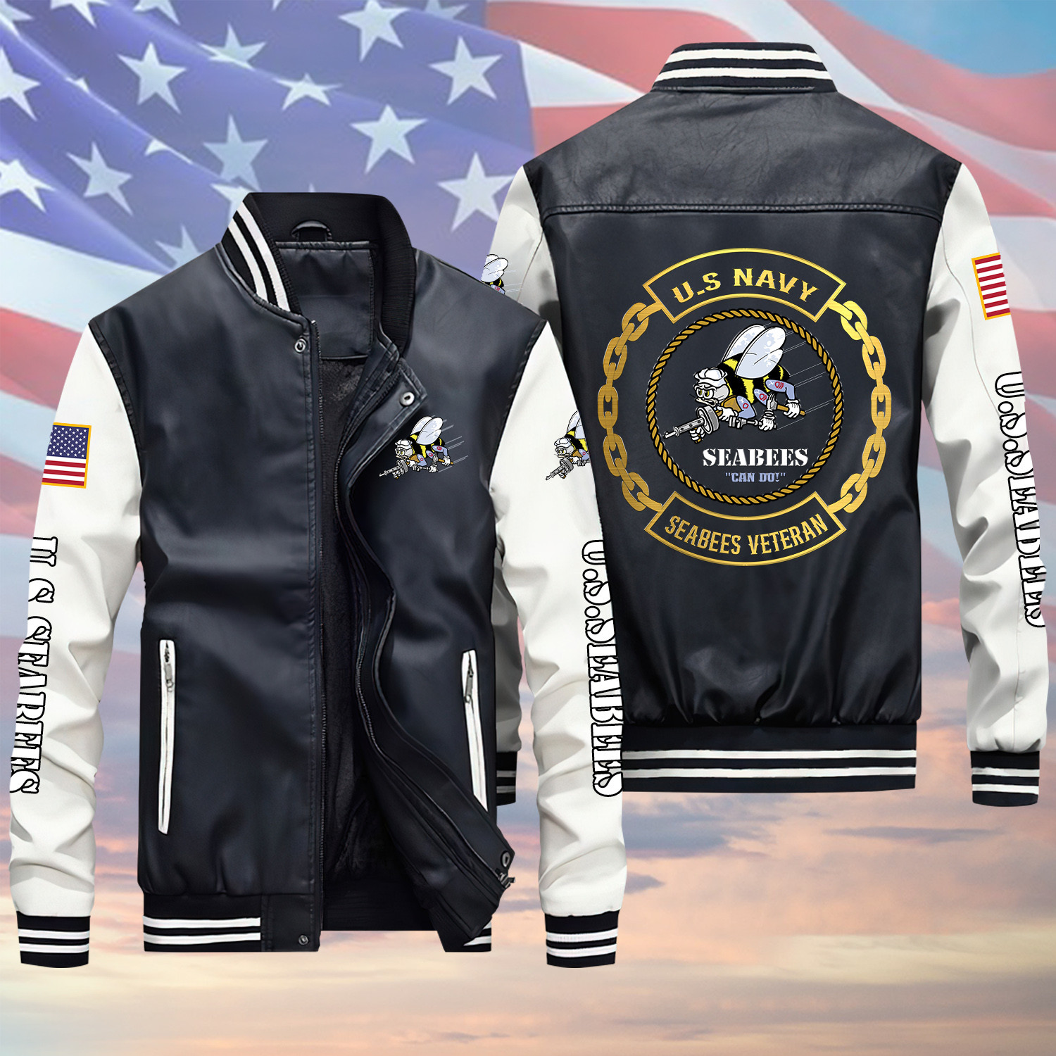 Golden Battalion Logo US Seabees Veteran Black Winter Gear Leather Bomber Leterman Varsity Jacket