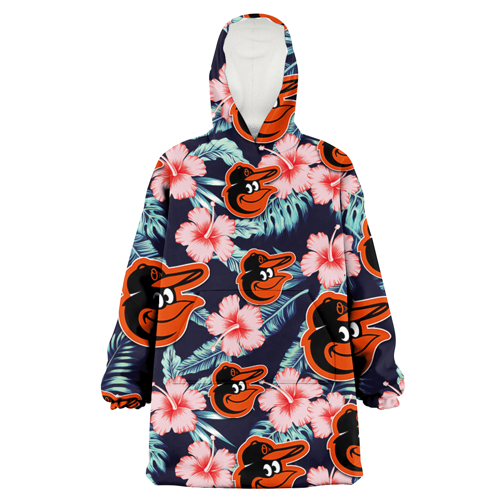 Baltimore Orioles Coral Hibiscus Green Banana Leaf Black Background 3D Printed Hoodie Blanket Snug Hoodie