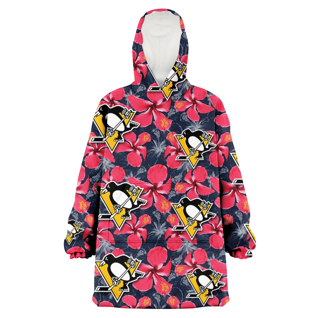 Pittsburgh Penguins Red Hibiscus Dark Gray Background 3D Printed Hoodie Blanket Snug Hoodie