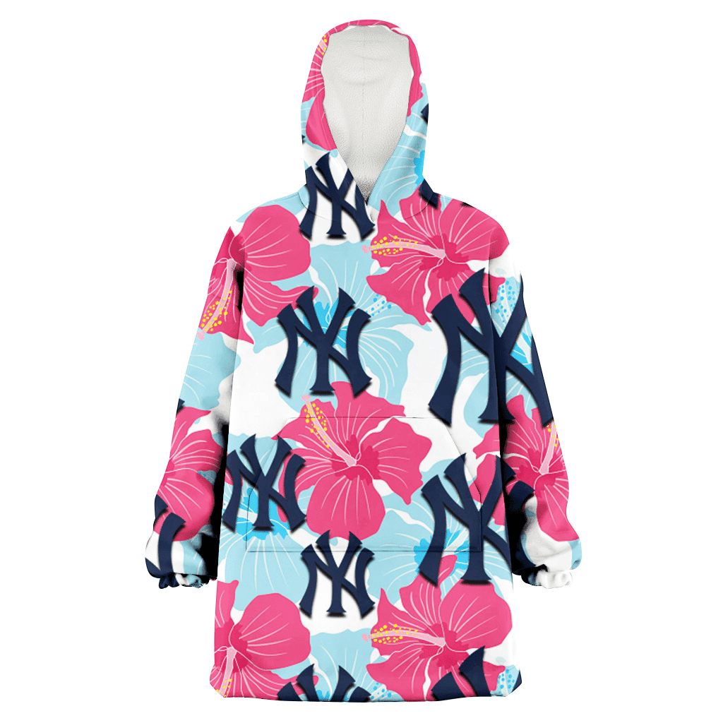 New York Yankees Pink Blue Hibiscus White Background 3D Printed Hoodie Blanket Snug Hoodie