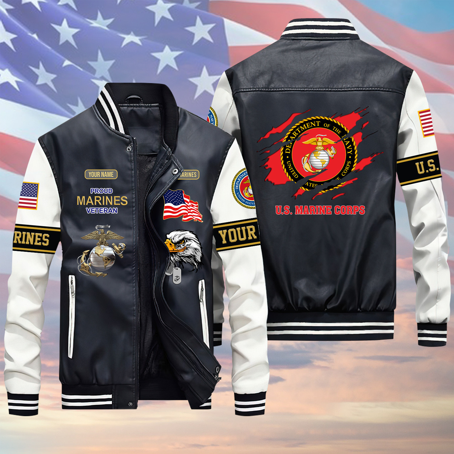 U.S Marine Veteran Logo Proud Green Winter Gear Leather Bomber Leterman Varsity Jacket