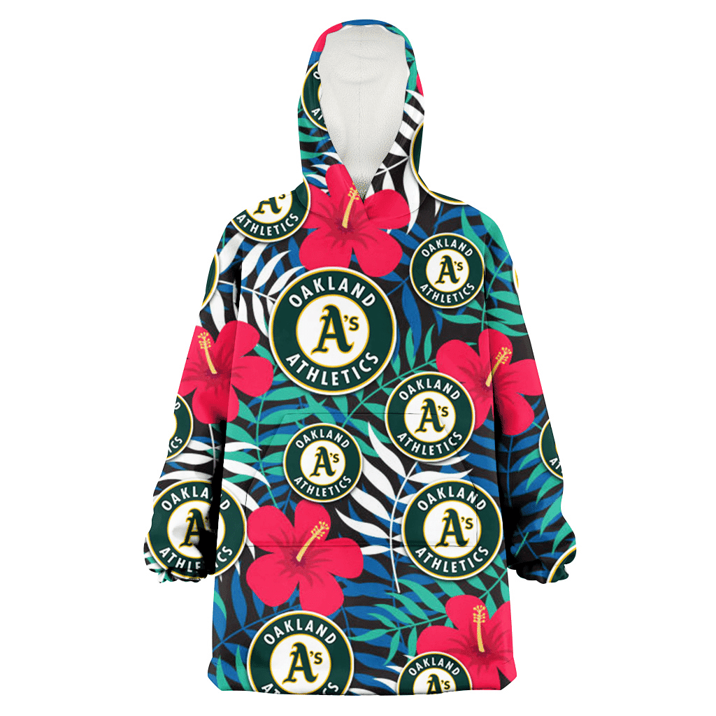 Oakland Athletics Red Hibiscus Green Blue White Leaf Black Background 3D Printed Hoodie Blanket Snug Hoodie