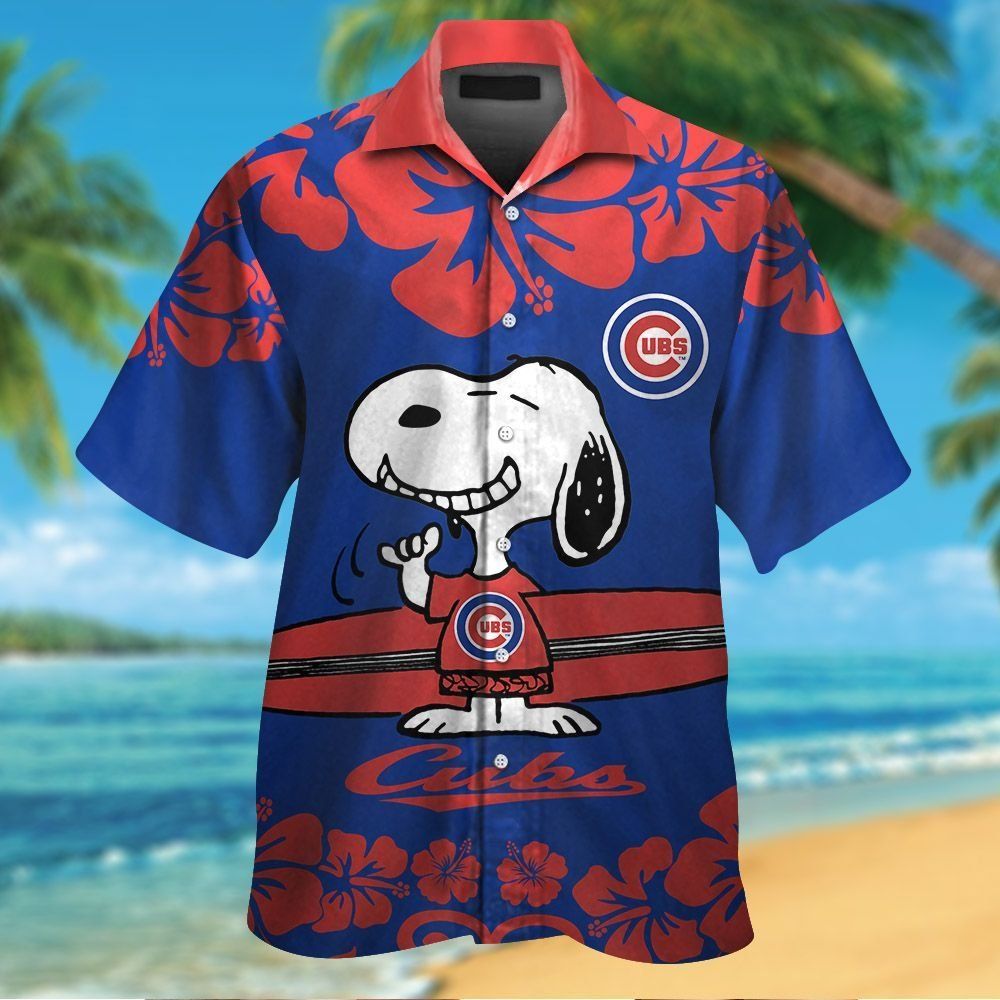 Chicago Cubs Snoopy Short Sleeve Button Up Tropical Hawaiian Shirt